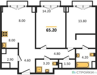 Планировка двухкомнатной(квартира) площадью 65.2 квадратных метров в ЖК “ЖК Sydney City (Сидней Сити)”