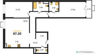 Планировка двухкомнатной(квартира) площадью 87.2 квадратных метров в “ЖК Дом на Зорге”