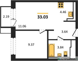 Планировка однокомнатной(квартира) площадью 33.03 квадратных метров в “ЖК Новое Видное”