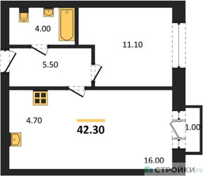 Планировка однокомнатной(квартира) площадью 42.3 квадратных метров в ЖК “ЖК Квартал Метроном”