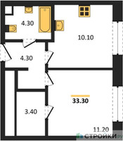 Планировка однокомнатной(квартира) площадью 33.3 квадратных метров в “Жилые кварталы Белый Град”
