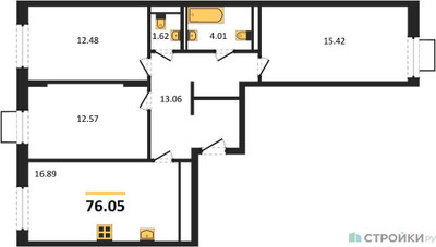 Планировка трехкомнатной(квартира) площадью 76.05 квадратных метров в ЖК “ЖК Квартал Строгино”