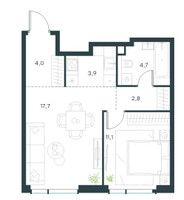 Планировка двухкомнатной(квартира) площадью 42.7 квадратных метров в “Level Павелецкая Сити”