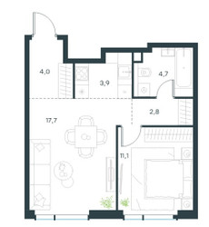 Планировка двухкомнатной(квартира) площадью 42.7 квадратных метров в ЖК “Level Павелецкая Сити”
