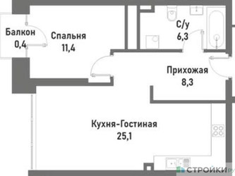 Планировка однокомнатной(квартира) площадью 51.4 квадратных метров в ЖК “ЖК Ренессанс”