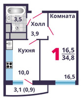 Планировка однокомнатной(квартира) площадью 34.8 квадратных метров в “ЖК Лобня Сити”