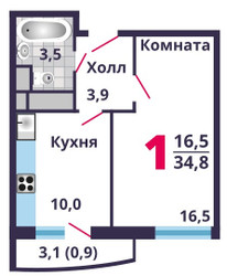 Планировка однокомнатной(квартира) площадью 34.8 квадратных метров в ЖК “ЖК Лобня Сити”