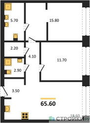 Планировка двухкомнатной(квартира) площадью 65.6 квадратных метров в ЖК “ЖК Дом А”