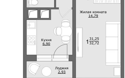 Планировка однокомнатной(квартира) площадью 32.7 квадратных метров в ЖК “ЖК Клевер”