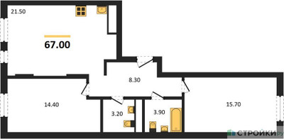 Планировка двухкомнатной(квартира) площадью 67 квадратных метров в ЖК “ЖК Переделкино Ближнее”