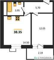 Планировка однокомнатной(квартира) площадью 38.35 квадратных метров в “ЖК Радость (Радумля Парк)”