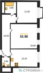 Планировка двухкомнатной(квартира) площадью 55.9 квадратных метров в “ЖК Римский”