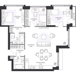 Планировка 4+ комнатной(квартира) площадью 97.6 квадратных метров в ЖК “ЖК Hide (Хайд)”