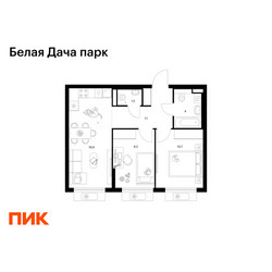 Планировка двухкомнатной(квартира) площадью 49.1 квадратных метров в ЖК “ЖК Белая Дача парк”