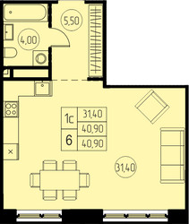 Планировка студии(квартира) площадью 40.9 квадратных метров в ЖК “ЖК 7 Небо (Седьмое Небо)”