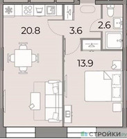 Планировка однокомнатной(квартира) площадью 40.9 квадратных метров в “ЖК ЗИЛАРТ”