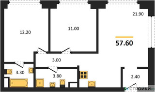 Планировка двухкомнатной(квартира) площадью 57.6 квадратных метров в “ЖК Wave (Вейв)”