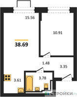 Планировка однокомнатной(квартира) площадью 38.69 квадратных метров в “ЖК Богдановский Лес”