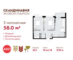 Планировка трехкомнатной(квартира) площадью 58 квадратных метров в “ЖК Скандинавия”