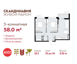 Планировка трехкомнатной(квартира) площадью 58 квадратных метров в ЖК “ЖК Скандинавия”