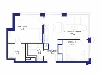 Планировка двухкомнатной(квартира) площадью 63.12 квадратных метров в ЖК “ЖК Остров”