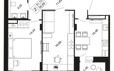 Планировка двухкомнатной(квартира) площадью 58.89 квадратных метров в ЖК “ЖК Времена года”