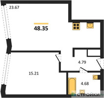Планировка однокомнатной(квартира) площадью 48.35 квадратных метров в “UNO Горбунова”