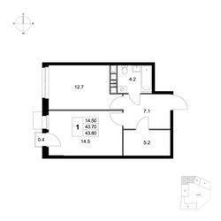 Планировка однокомнатной(квартира) площадью 43.8 квадратных метров в ЖК “ЖК Легенда Марусино”