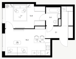 Планировка однокомнатной(квартира) площадью 37.5 квадратных метров в ЖК “ЖК 2-й Иртышский”