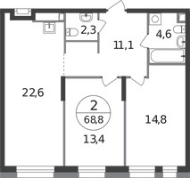 Планировка двухкомнатной(квартира) площадью 68.8 квадратных метров в “ЖК Первый Московский”