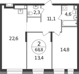 Планировка двухкомнатной(квартира) площадью 68.8 квадратных метров в ЖК “ЖК Первый Московский”