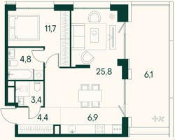 Планировка однокомнатной(квартира) площадью 63.1 квадратных метров в “ЖК Клубный город на реке Primavera (Примавера)”