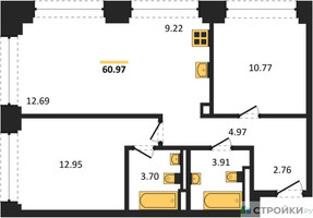 Планировка двухкомнатной(квартира) площадью 60.97 квадратных метров в “ЖК NOVA (Нова)”