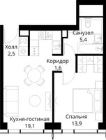 Планировка однокомнатной(квартира) площадью 42.5 квадратных метров в “ЖК Сити Бэй”