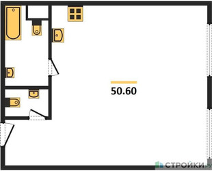 Планировка однокомнатной(апартаменты) площадью 50.6 квадратных метров в ЖК “ЖК Nametkin Tower (Наметкин Тауэр)”