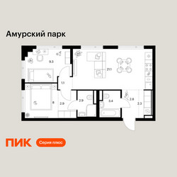 Планировка двухкомнатной(квартира) площадью 53.8 квадратных метров в ЖК “ЖК Амурский парк”