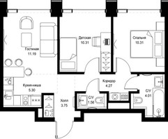 Планировка двухкомнатной(квартира) площадью 50.7 квадратных метров в “ЖК СЕТ”