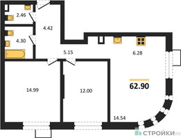 Планировка двухкомнатной(квартира) площадью 62.9 квадратных метров в “ЖК UNO Соколиная гора”