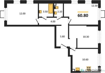 Планировка трехкомнатной(квартира) площадью 60.8 квадратных метров в ЖК “ЖК Лучи-2”