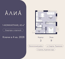 Планировка однокомнатной(квартира) площадью 43 квадратных метров в “ЖК АЛИА”