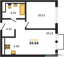 Планировка однокомнатной(квартира) площадью 34.64 квадратных метров в “ЖК Пригород Лесное”