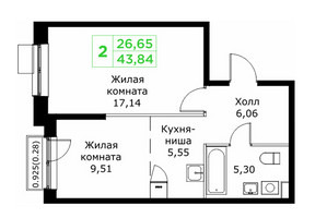 Планировка двухкомнатной(квартира) площадью 43.84 квадратных метров в “ЖК КИТ 2”