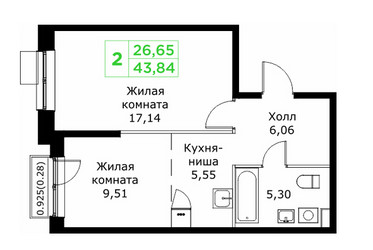 Планировка двухкомнатной(квартира) площадью 43.84 квадратных метров в ЖК “ЖК КИТ 2”