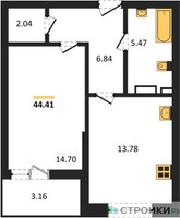 Планировка однокомнатной(квартира) площадью 44.41 квадратных метров в “ЖК Riga Hills (Рига Хиллс)”