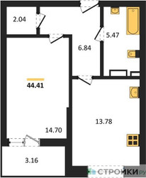 Планировка однокомнатной(квартира) площадью 44.41 квадратных метров в ЖК “ЖК Riga Hills (Рига Хиллс)”