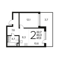 Планировка двухкомнатной(квартира) площадью 47 квадратных метров в “Новые Ватутинки. Заречный”