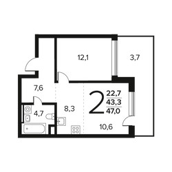 Планировка двухкомнатной(квартира) площадью 47 квадратных метров в ЖК “Новые Ватутинки. Заречный”