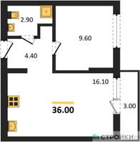 Планировка однокомнатной(квартира) площадью 36 квадратных метров в “ЖК Первый квартал”