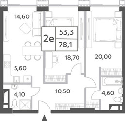 Планировка двухкомнатной(квартира) площадью 78.1 квадратных метров в ЖК “ЖК Will Towers (Вилл Тауэрс)”