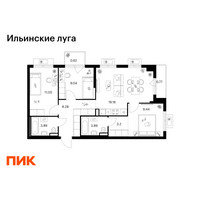 Планировка трехкомнатной(квартира) площадью 69.34 квадратных метров в “ЖК Ильинские луга”